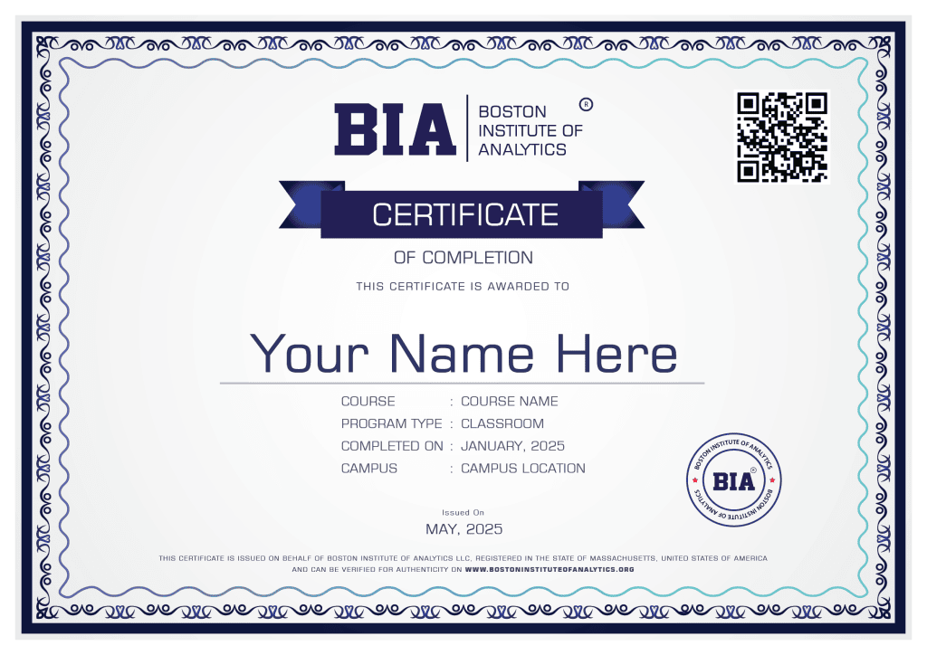 Boston Institute of Analytics certificate of completion awarded through GoEducated